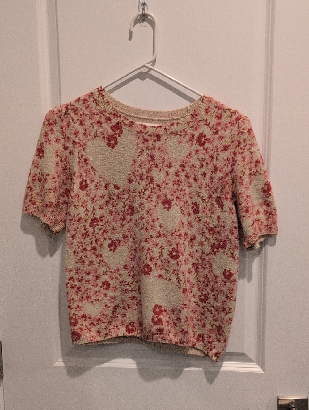 LC Lauren Conrad Cream Sweater with Pink Floral Hearts